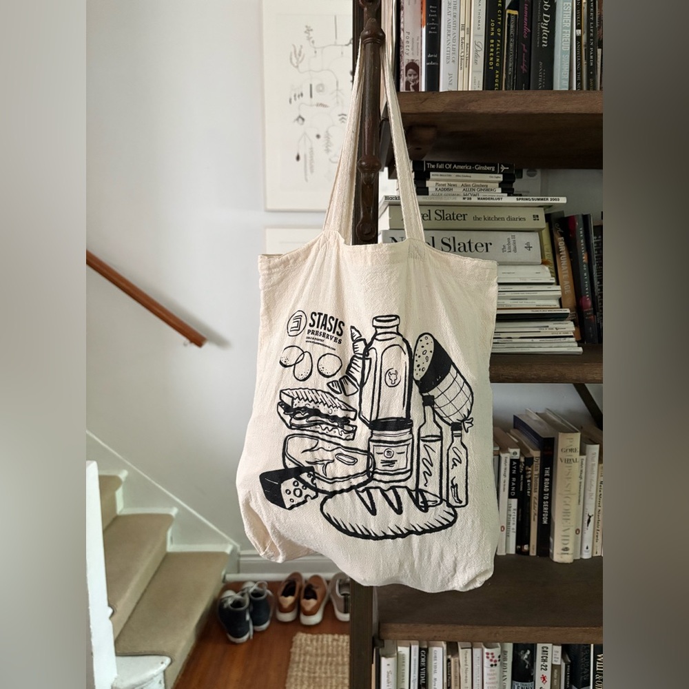 Cream and Black Stasis Food Graphic (both sides) Cloth Market Picnic Tote  GUC